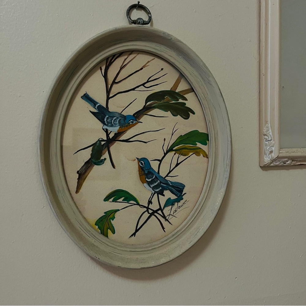 Antique HAND PAINTED Picture - Bluebird Wall Art - French ARTIST SIGNED: LaJonne
